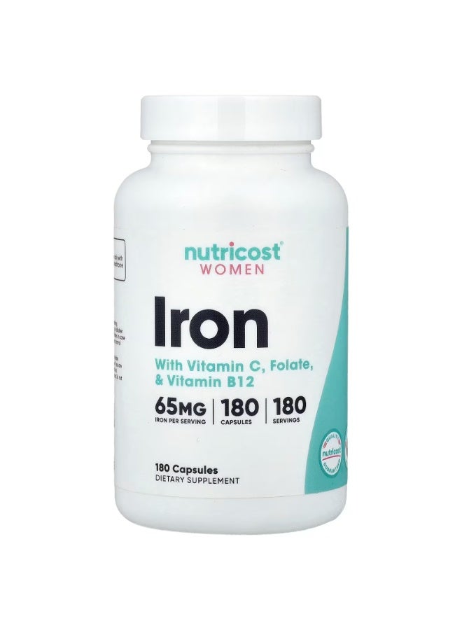 Nutricost, Women, Iron With Vitamin C, Folate, & Vitamin B12, 180 Capsules - Image 1